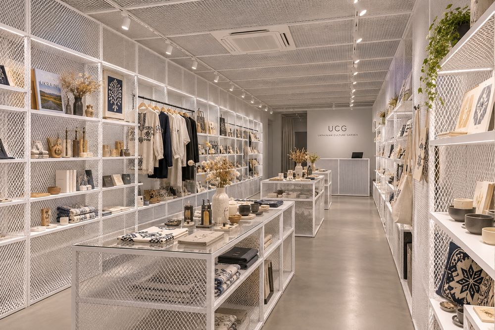 Shop with white shelves of crafts and clothing