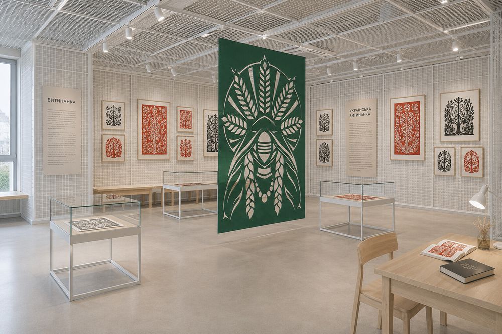 Gallery with traditional paper-cut artworks on the walls