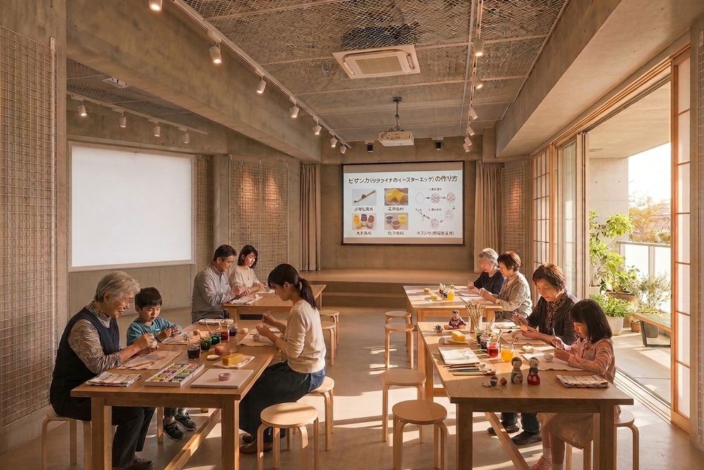 People enjoying a craft workshop at long wooden tables